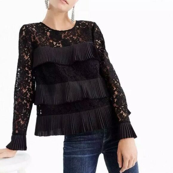 NWT J. Crew Women's Petite Black Pleated Lace Blouse Long Sleeve Size 00 - Picture 1 of 9